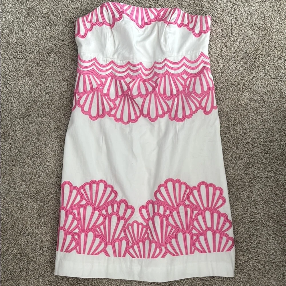 Lilly Pulitzer White Strapless Dress with Pink Scallop Embroidery - Picture 1 of 5